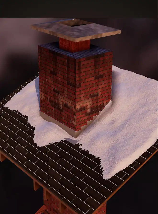 The chimney illustration where it meets a snow-covered roof