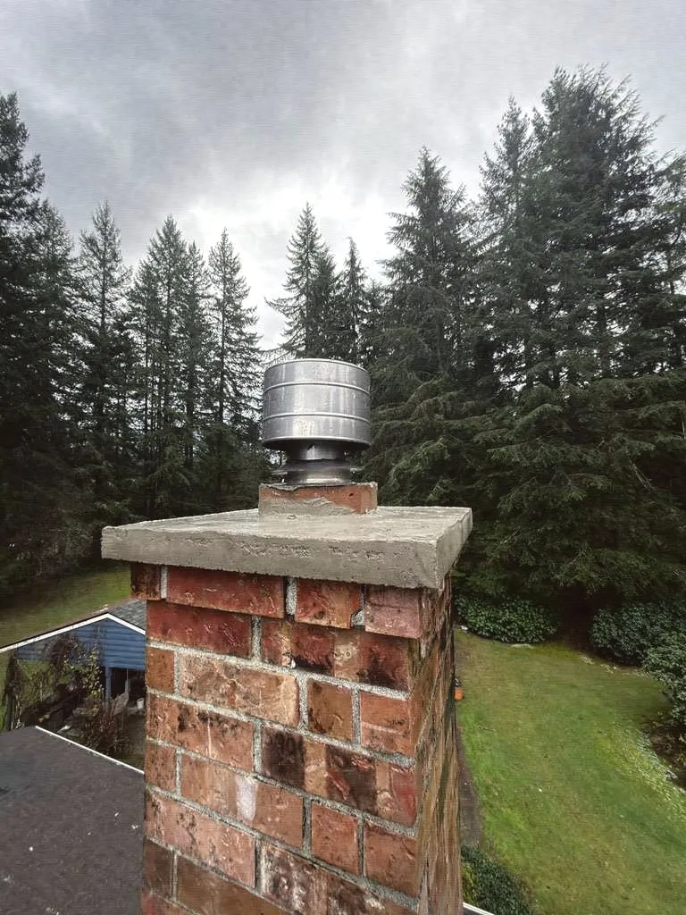 A brick chimney with a concrete crown and a round metal cap above a shingle roof, with tall fir trees behind