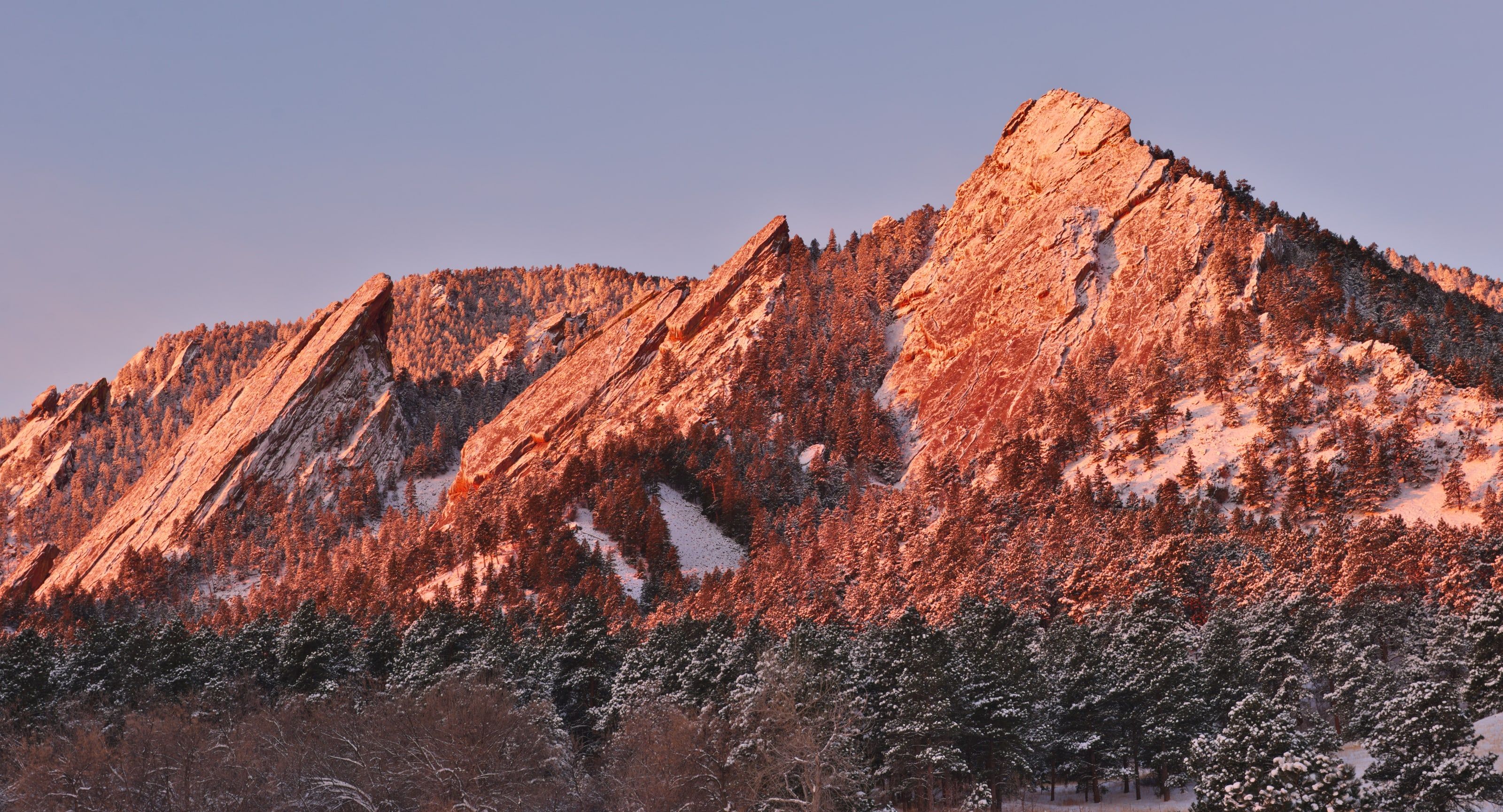 The Flatirons above Boulder at sunrise after a snowfall, the sandstone slabs lit red