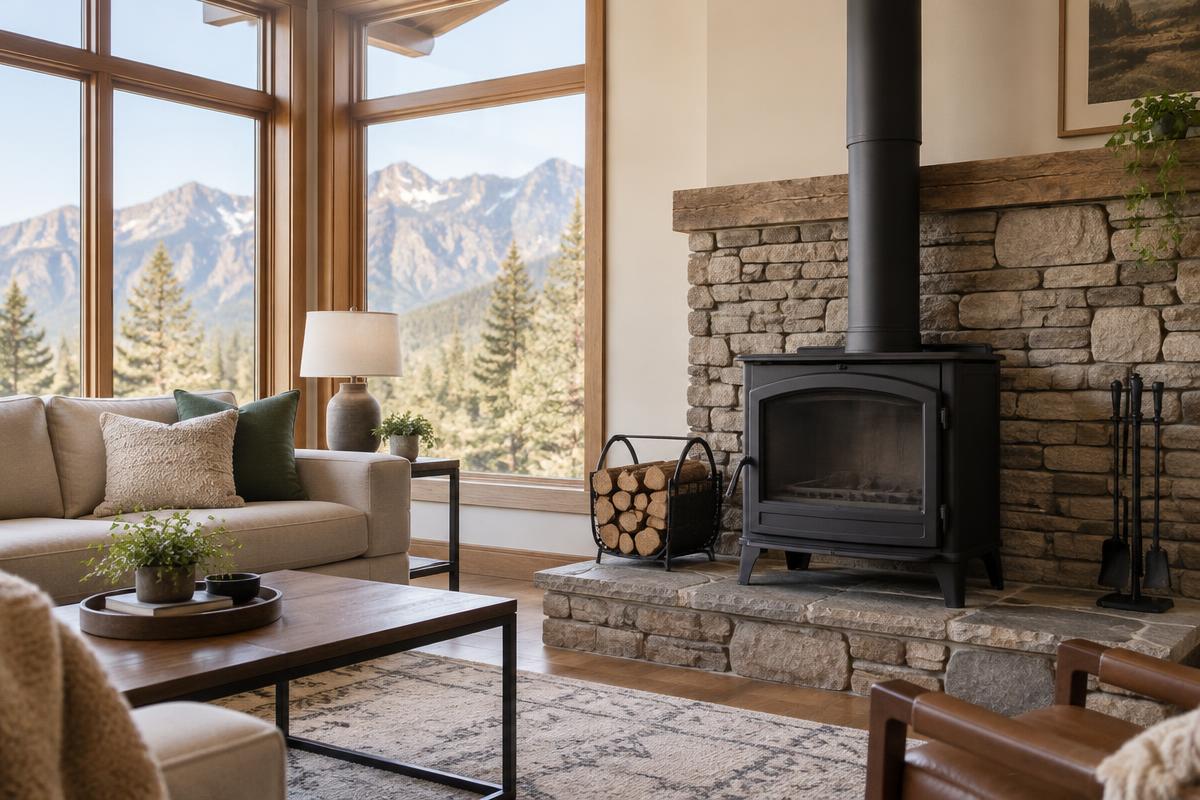 Clean wood stove and flue in a bright, airy living room