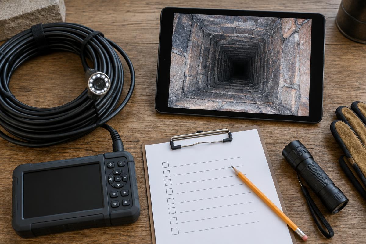 Chimney inspection report and flue camera footage on a tablet