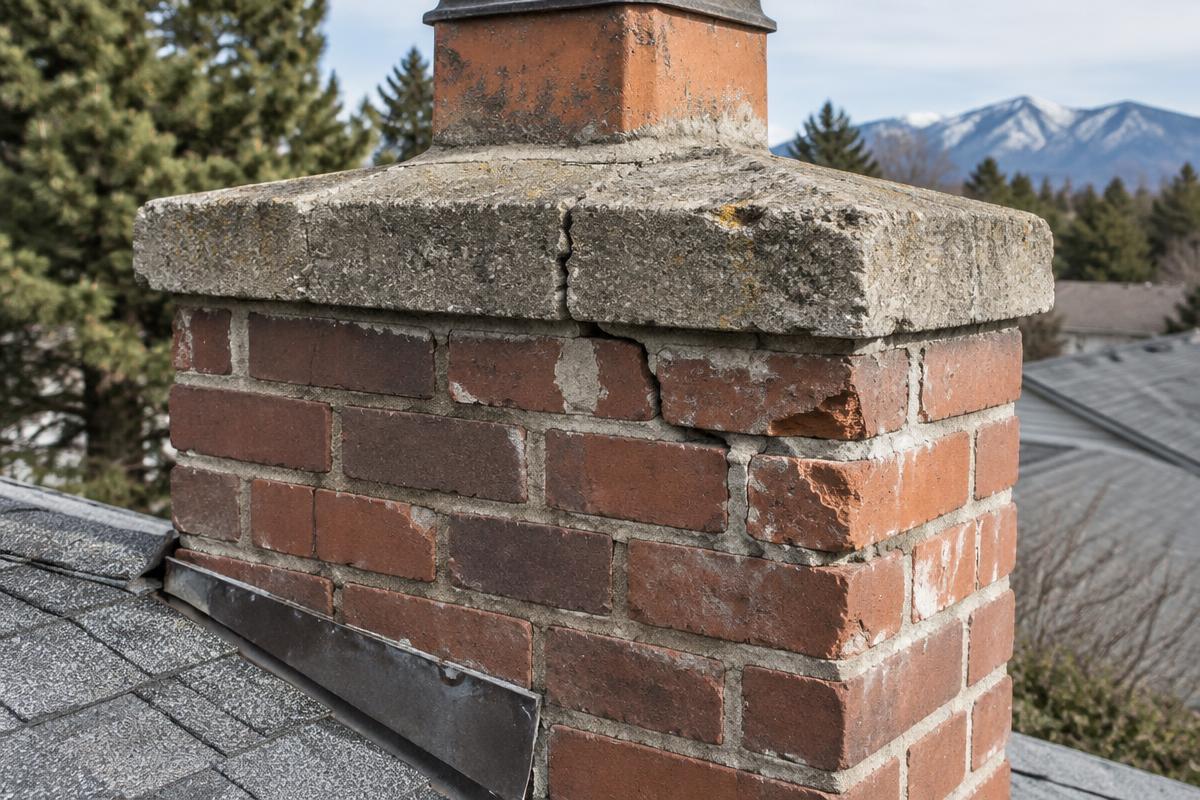 Cracked chimney crown and weathered mortar joints