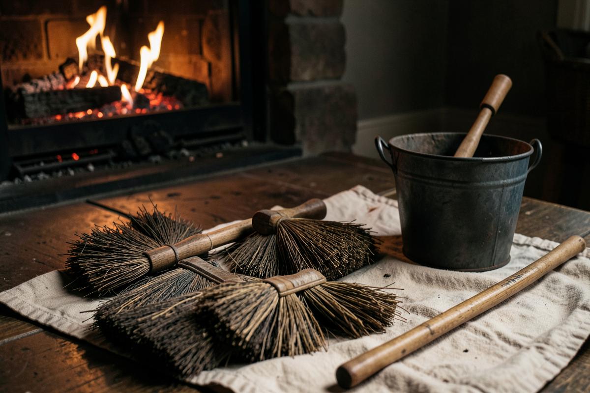 Chimney sweep brushes and soot bucket beside a fire