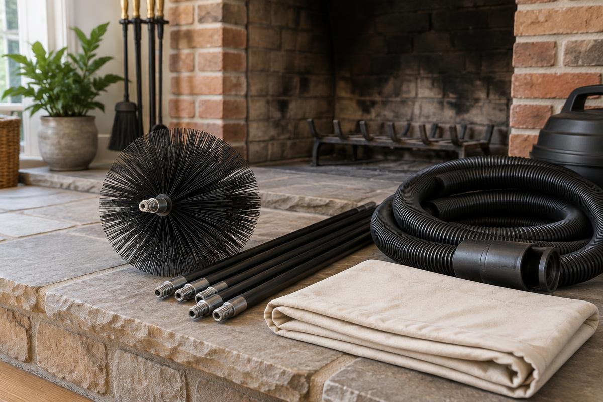 Chimney sweep brushes and soot bucket beside a fire