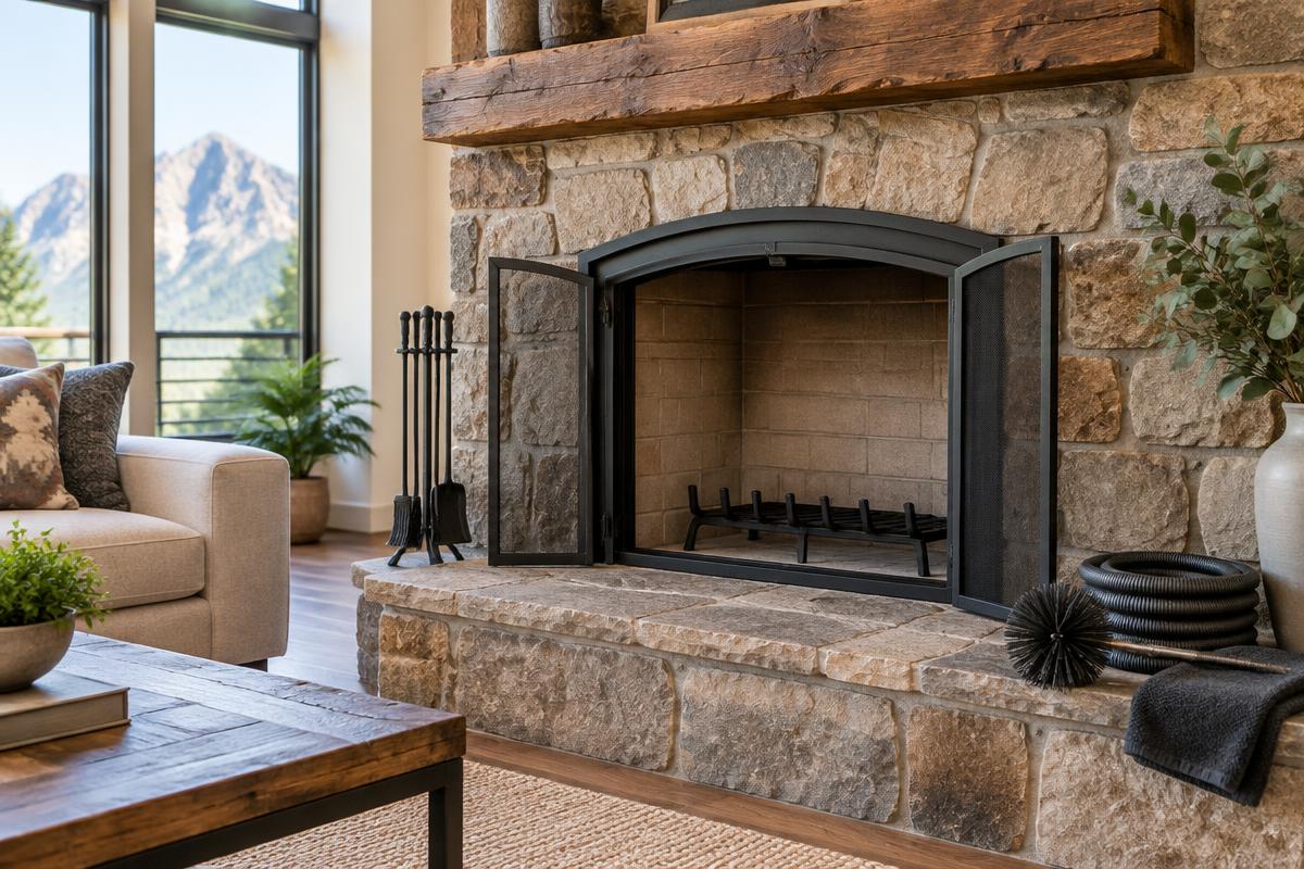 Freshly cleaned fireplace and firebox in a bright living room