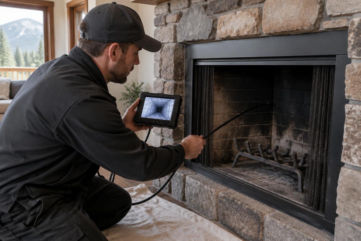 Technicians reviewing a chimney inspection checklist by a fireplace