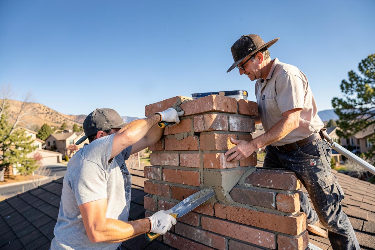 Masons rebuilding a brick chimney crown on a Boulder rooftop