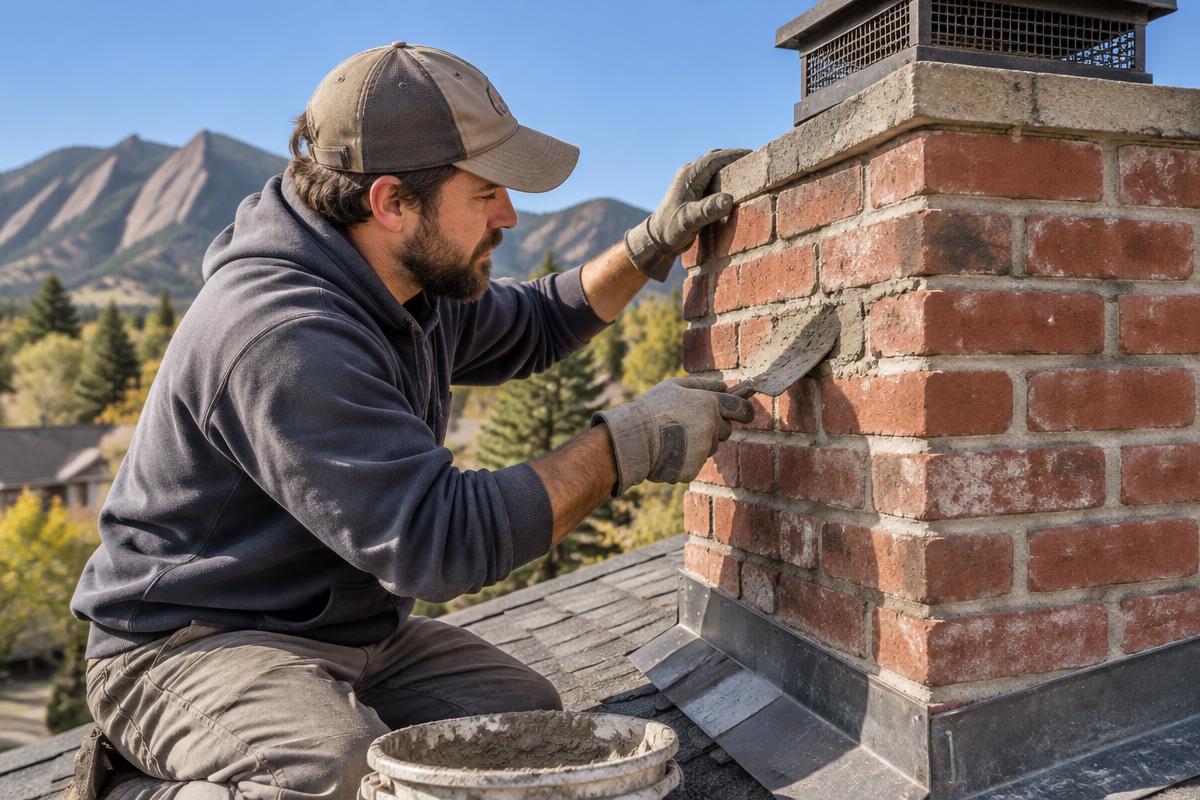 Masons rebuilding a brick chimney crown on a Boulder rooftop