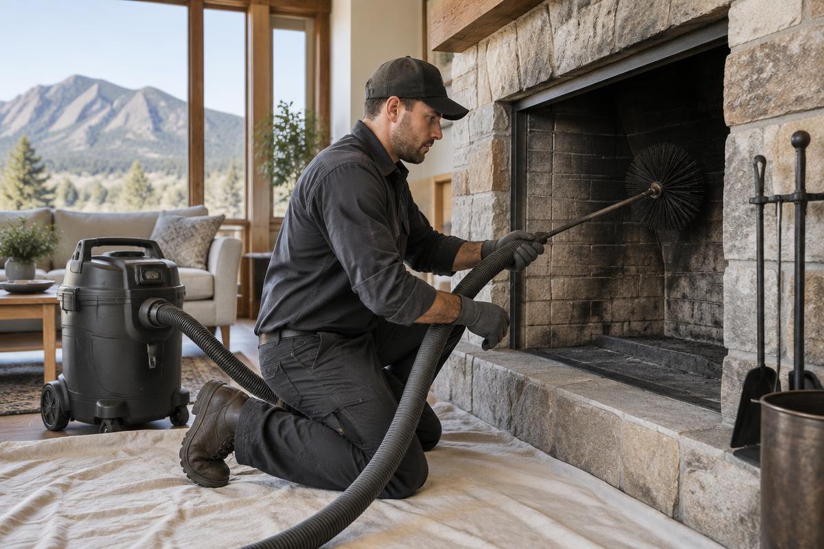 Chimney sweep technician brushing soot from a home fireplace