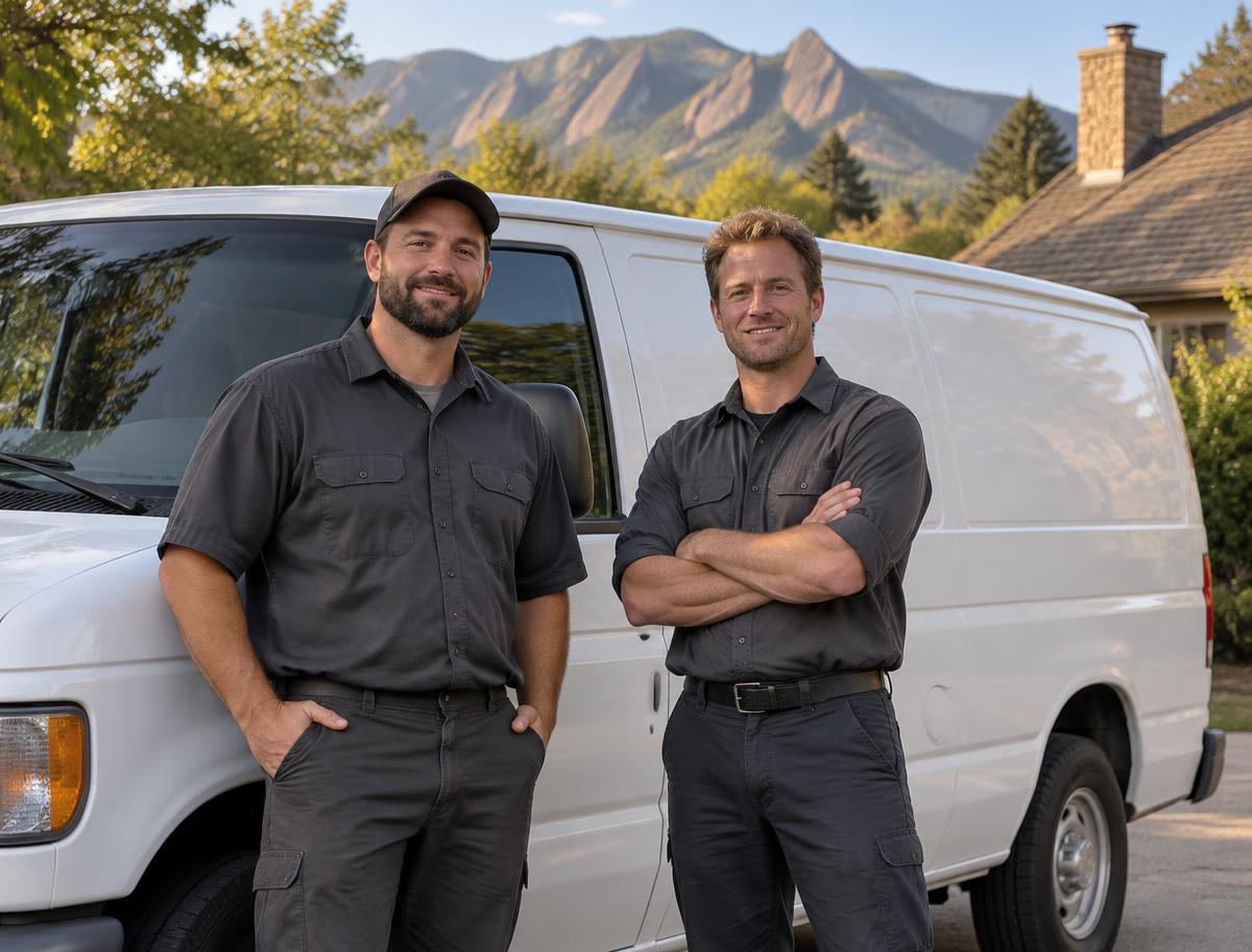 HOB chimney technicians standing in front of their service van in Boulder, Colorado